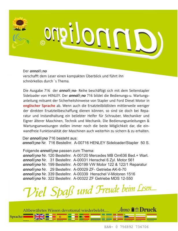 HENLEY Stapler Seitenstapler Sideloader Typ 4/5/6 Tonnen & Ford Diesel Motor Bild Bedienungsanleitung & Wartungsanleitung - annoligno 716